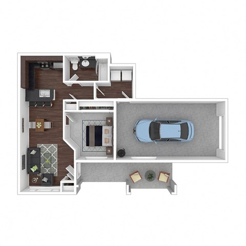 Floor plan for 1 bed, 1 bath, 629 sqft
